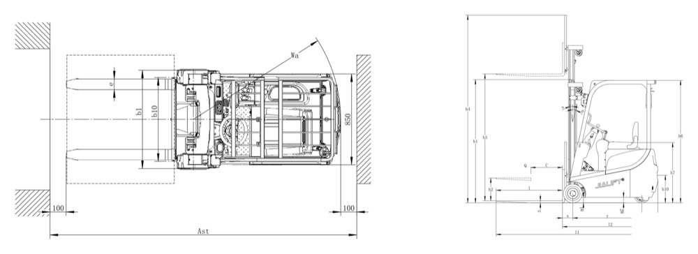 E1030GS E1330GS E1530GS three-wheel counterbalanced forklift dimensions diagram