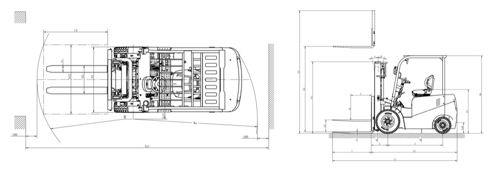 E1630A to E2530A four-wheel electric counterbalanced forklift dimensions diagram