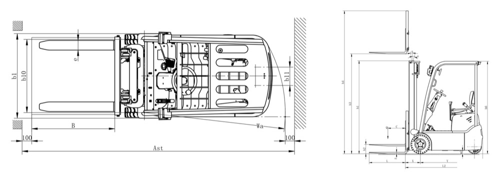 EGS12FD three-wheel electric counterbalanced forklift dimensions diagram