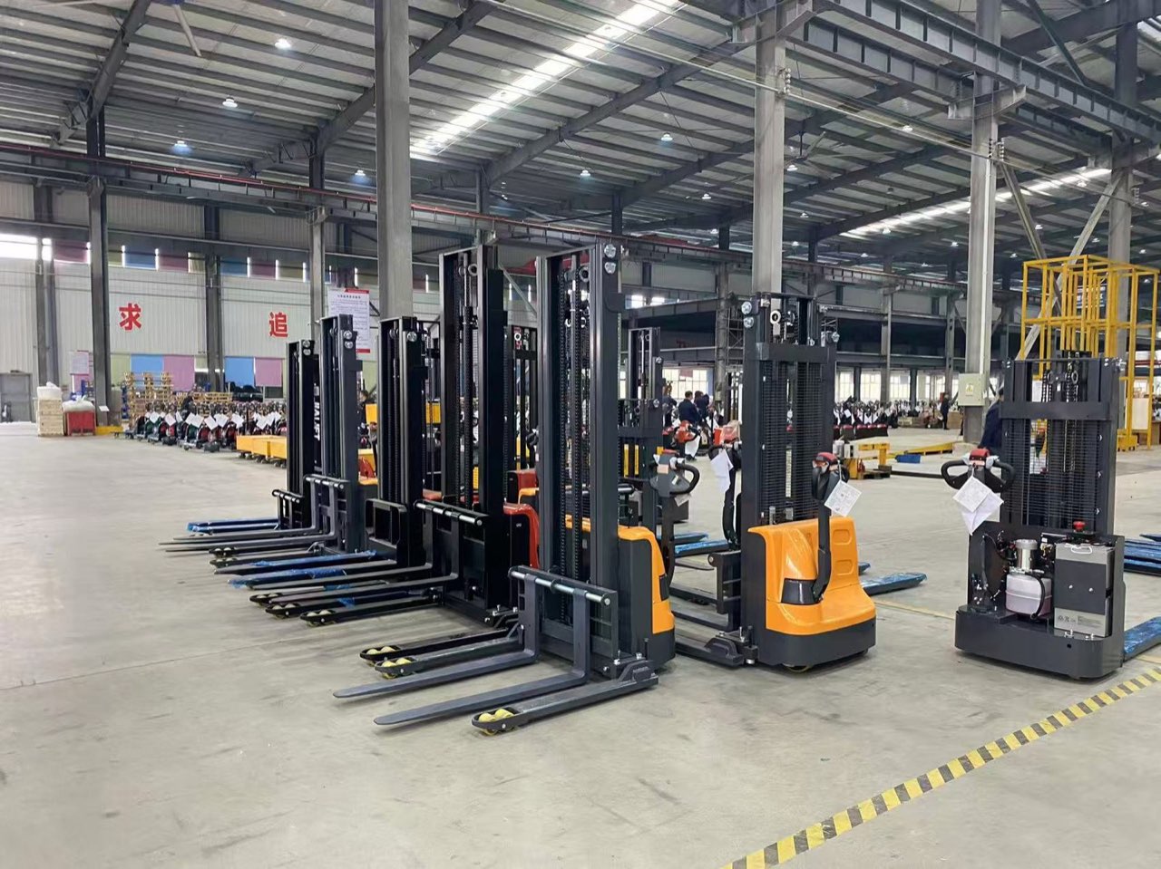 A row of Accelift pallet stackers: straddle, counterbalanced, stand-on and different mast heights