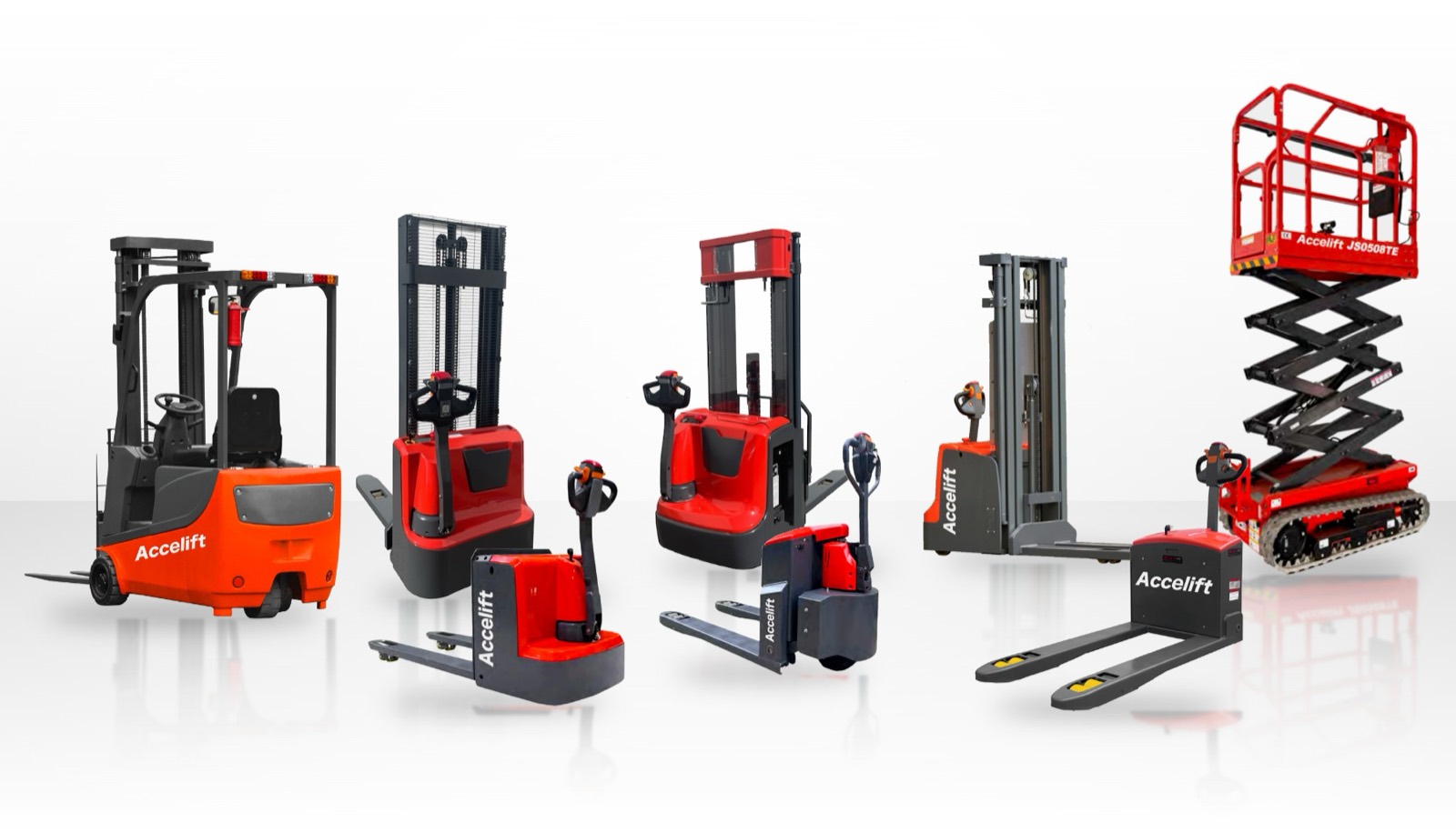 Accelift electric pallet trucks, stackers, counterbalanced forklift and scissor lift