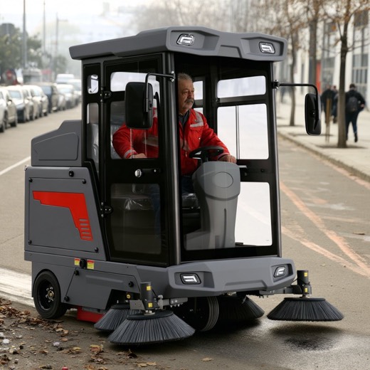 AcceClean ride-on road sweeper cleaning a city street