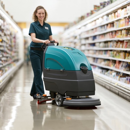 AcceClean walk-behind floor scrubber cleaning a supermarket aisle